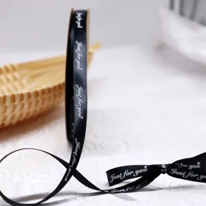 Black satin ribbon 1cm width DIY gift wrapping polyester material with Just for you print detail view
