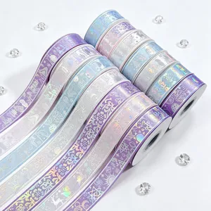 Laser Silver Stamping Printed Ribbon Christmas Ocean Floral Mountain Theme Craft Ribbon For Gift Wrapping Holiday Decor
