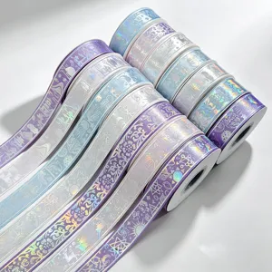 2.5cm Laser Silver Stamped Ribbon Holographic Craft Ribbon for Gift Wrapping DIY Decor