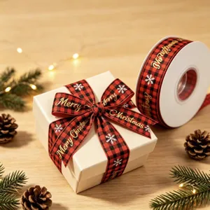 Ruban de Noel carreaux rouge et noir avec impression doree Merry Christmas et joli noeud.
