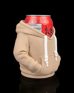 Kreativer Mini-Hoodie Getränkedosenhalter in Khaki mit weißen Kordeln für Dosen