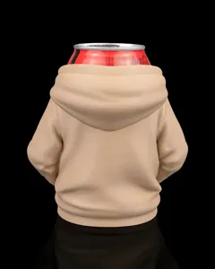 Rückansicht einer kreativen khakifarbenen Dosenhalter-Hülle in Hoodie-Form für Getränke