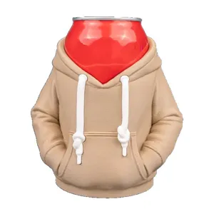 Khaki-Halter für Getränkedosen in Hoodie-Form mit weißen Kordelzügen für Erfrischungsgetränke.