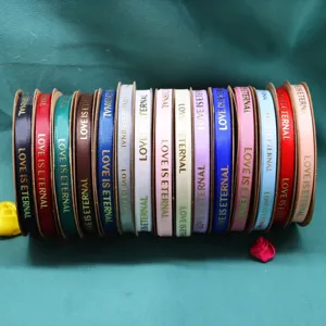 1cm gold stamped love ribbon for gift boxing and flower wrapping, decorative grosgrain silk.