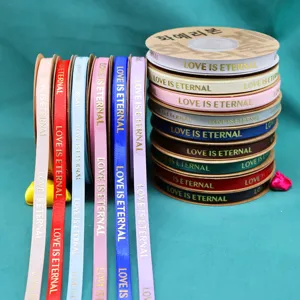 1cm Gold Stamped Grosgrain Ribbon Love Print Fabric Tape for Gift Wrapping Wedding and Flower Decor