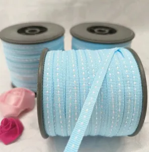 Primo piano sui dettagli delle rocche di nastro grosgrain azzurro con trama puntinata per decorazioni.