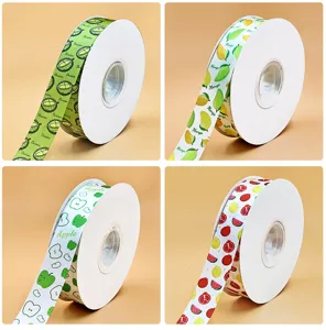 Gedetailleerd overzicht van bedrukt fruitdecoratielint voor geschenken en bloemisterij art.