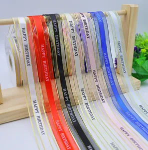 2.5cm organza ribbon with happy birthday print for gift wrapping and flower decoration.