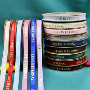 Gold Stamped Love Ribbon Polyester Fabric Satin Ribbon For Gift Wrapping Wedding Party Flower Bouquet Decoration