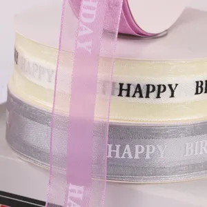 Decorative Organza Ribbon Happy Birthday Letter Printed Satin Ribbon For Cake Packaging And Gift Decoration Party
