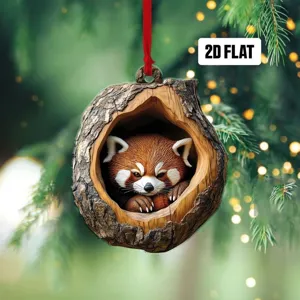 Niedliches Roter Panda im Baumloch 2D flach Acryl Weihnachtsbaumschmuck Anhänger