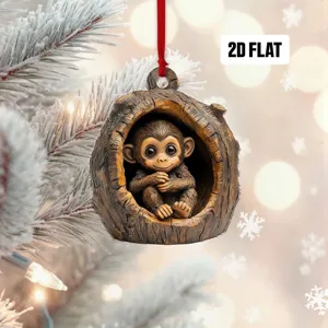 Süßer 2D flacher Affe in einer Baumhöhle Acryl-Weihnachtsbaumanhänger Hängedeko
