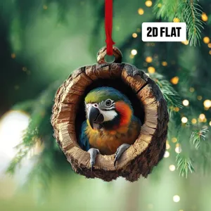 Flacher 2D-Acryl-Weihnachtsschmuck mit einem bunten Papagei in einer Baumhöhle Design