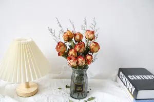 Natural dried rose bouquet with glass vase, vintage floral arrangement for home decor