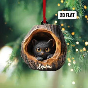 2D flacher schwarze Katze im Baumloch Weihnachtsanhänger Detail