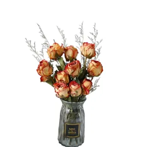 Natural air dried rose bouquet with glass vase for vintage home decoration floral arrangement