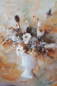 Detailed view of 3D French oil painting preserved flower bouquet with white wall vase DIY kit.