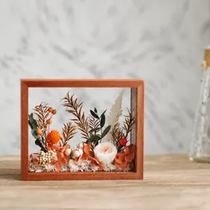 Cadre photo 3D en bois massif avec fleurs séchées conservées, décoration florale DIY.