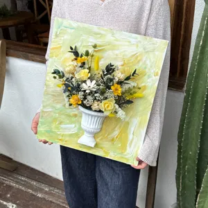 Detailed view of 3D French oil painting dried flower wall vase art decor piece for home.