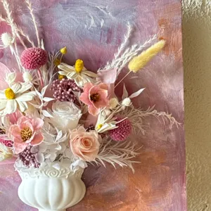 3D French oil painting style preserved flower wall art featuring a white half vase decor.