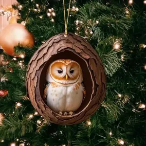 Lebensechter Eule im Nest Weihnachtsbaumschmuck, flacher Acryl-Dekohänger für Festtage.