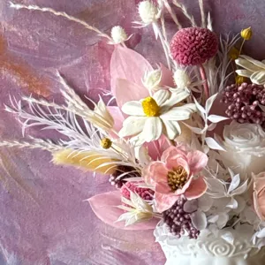 Exquisite French oil painting style preserved flower bouquet detail with elegant floral art.