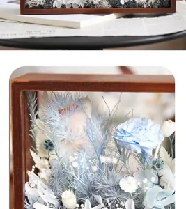 Gros plan detaille de fleurs sechees conservees bleues et blanches dans un cadre en bois.