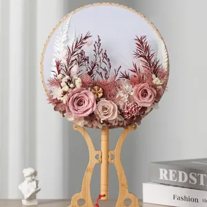 Stile Cinese Fatto a Mano DIY Kit Materiale Ventaglio Rotondo di Fiori Secchi Stabilizzati Con Supporto in Resina