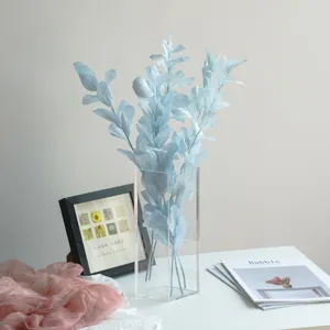 Preserved blue leaf bouquet in clear acrylic vase for home living room decor and wedding styling