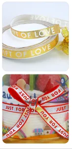 Gold and red decorative ribbons with English text, perfect for gift and cake wrapping.