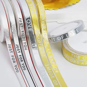 Hot Stamping English Letter Ribbon Polyester Gold Silver Gift Packaging Ribbon For Cake Bouquet Party Decoration