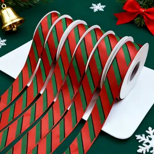 Christmas Red And Green Striped Polyester Ribbon Festive Gift Packing Ribbon For Tree Decor Party Crafts