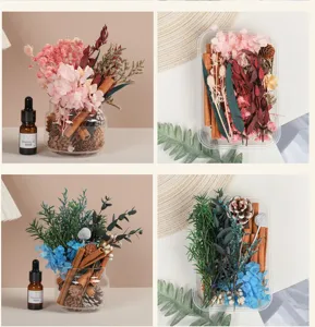 Detalles de flores secas DIY para aromaterapia con elementos botánicos naturales y frascos.