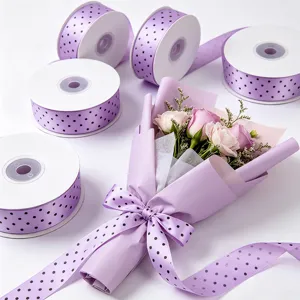 2.5cm polka dot ribbon rolls with romantic bouquet wrapping for gift decoration and craft supplies.