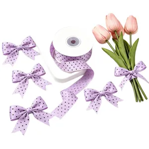 Purple polka dot ribbon for gift wrapping, bouquet decoration, and DIY craft projects.