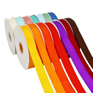 Colorful 2.5cm polyester satin ribbon rolls for gift packaging, flower boxes, and baking decor.