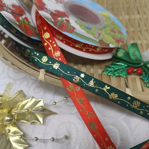 Christmas gold stamping ribbon holiday DIY decorative polyester fabric ribbon for crafts