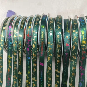 Christmas gold stamping ribbon green fabric holiday DIY wrapping decoration craft spool