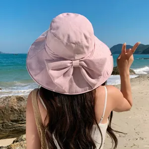 Pink bucket hat for women summer beach sun protection wide brim bow rhinestone detail hat