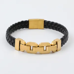 Detailed macro view of a men's braided leather bracelet with gold titanium steel links