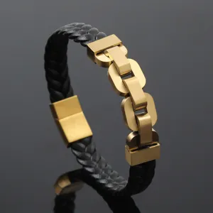Detailed close-up of black braided microfiber leather strap and gold steel chain links
