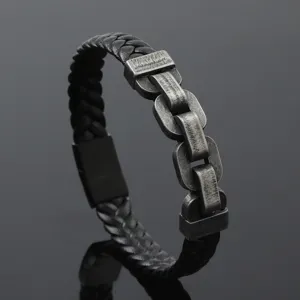 Vintage men's braided leather bracelet with stainless steel chain detail