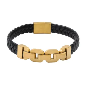 Men's braided leather bracelet with gold-toned stainless steel links and magnetic clasp.