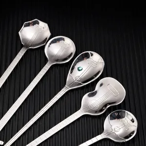 Creative music guitar stainless steel long handle coffee dessert mixing spoon set for home kitchen