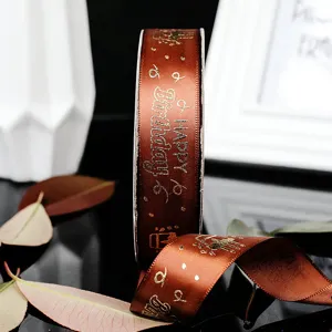 2.5cm Braunes Geburtstag Satinband Goldprägung Geschenke Verpackung Hochzeit Deko