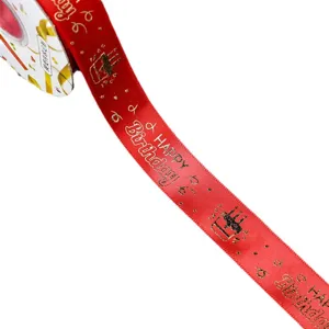 Rotes Satinband 2.5cm Goldfolie Happy Birthday Druck fuer Geschenkverpackung Party.