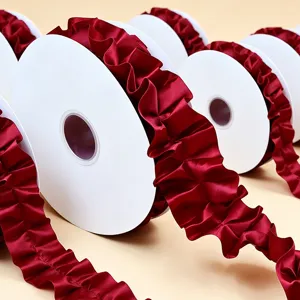 Burgundy pleated satin ribbon trim for garment accessories, gift wrapping and crafts decor.