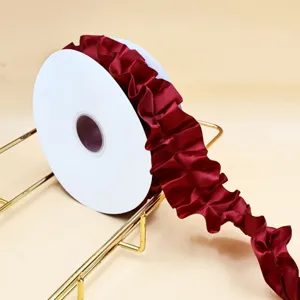 Burgundy ruffled ribbon trim for gift wrapping, floral arrangement, and apparel DIY.