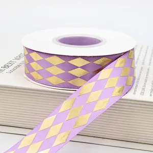 Nastro di poliestere diamante oro viola 2.5cm larghezza per decorazione pacco regalo.