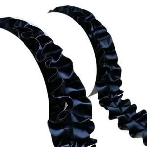 Dark blue satin pleated ribbon ruffles trim for gift wrapping, hair accessories and garments.